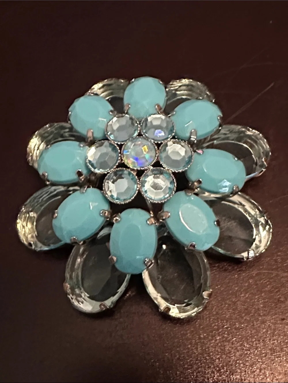 Aqua Blue Floral Crystal Statement Brooch - Women Jewelry